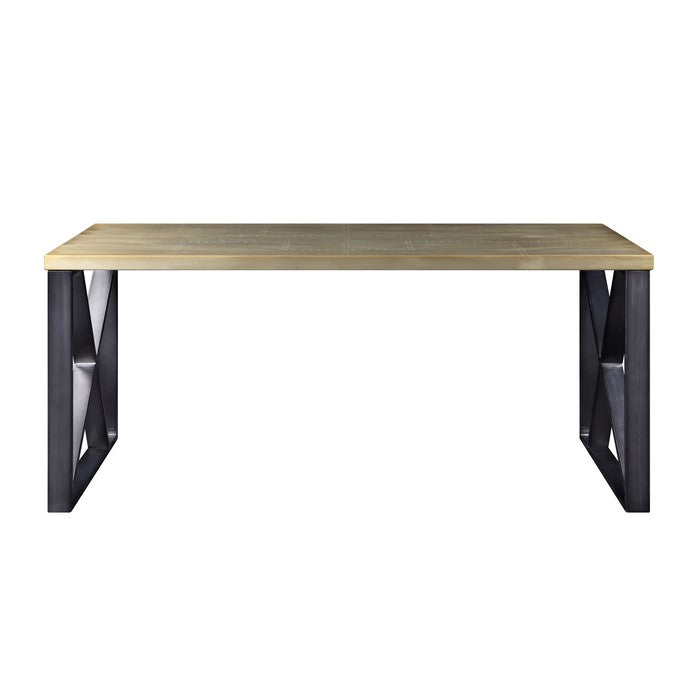 Wooden Desk with X Shaped Metal Sled Base, Gold and Black