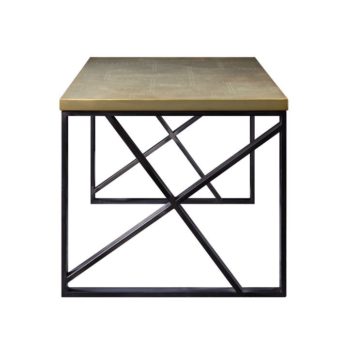Wooden Desk with X Shaped Metal Sled Base, Gold and Black