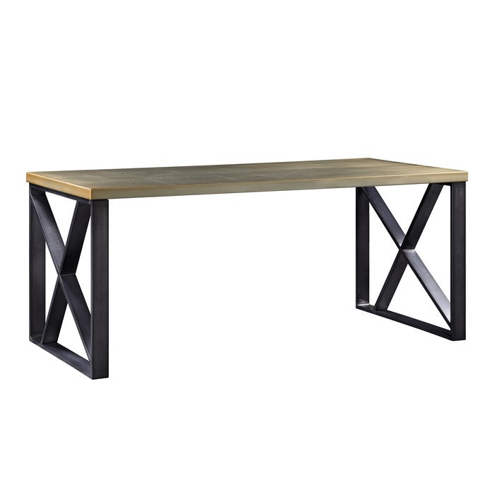 Wooden Desk with X Shaped Metal Sled Base, Gold and Black