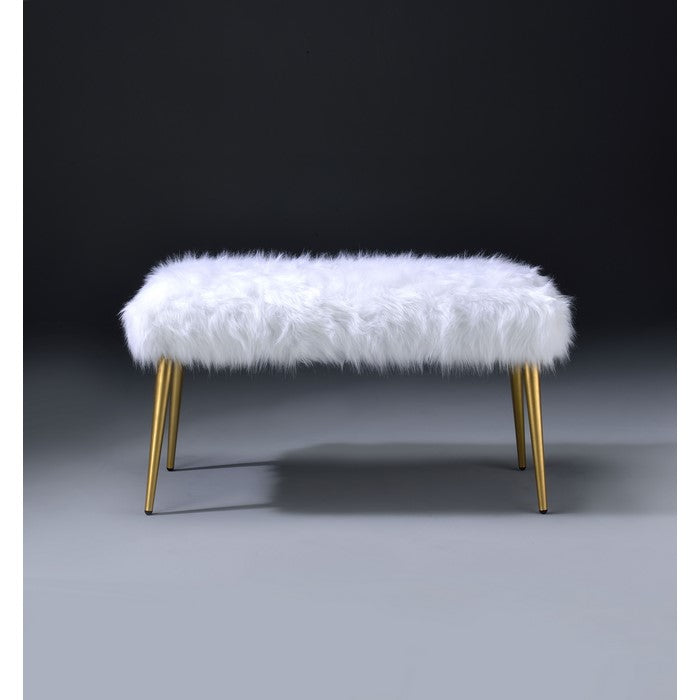 Faux Fur Bench with Angled Metal Legs, White and Gold