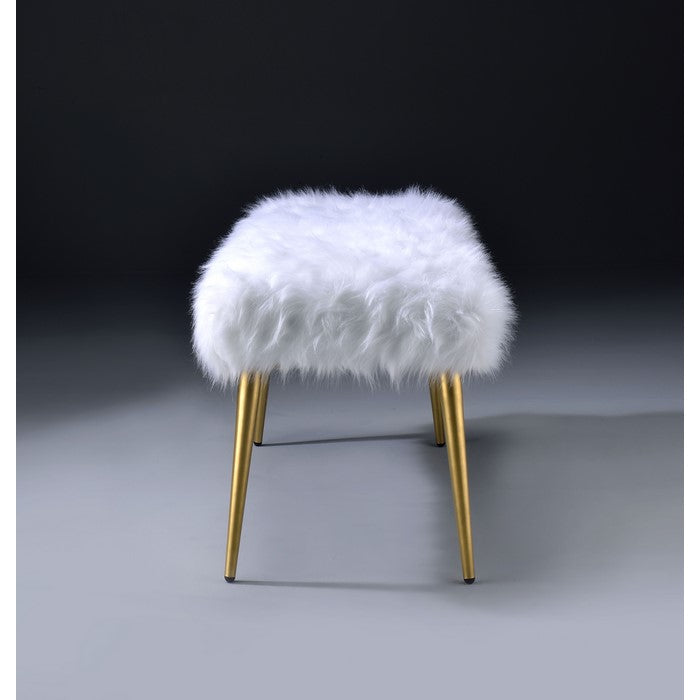 Faux Fur Bench with Angled Metal Legs, White and Gold