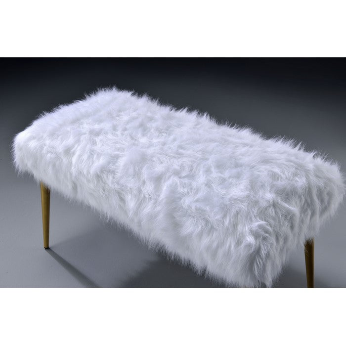 Faux Fur Bench with Angled Metal Legs, White and Gold