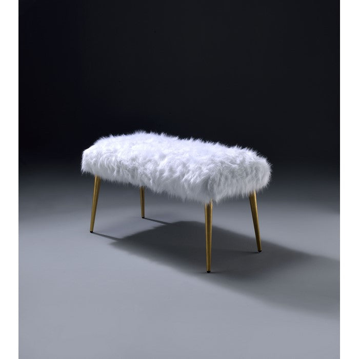 Faux Fur Bench with Angled Metal Legs, White and Gold