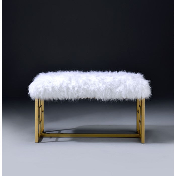 Modern Style Faux Fur Upholstered Bench with Geometrical Side Panels, White and Gold