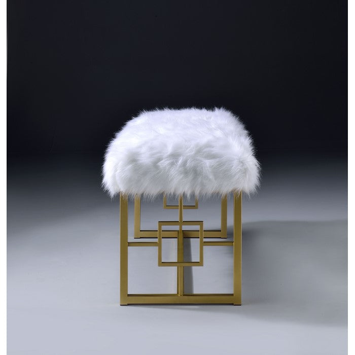 Modern Style Faux Fur Upholstered Bench with Geometrical Side Panels, White and Gold