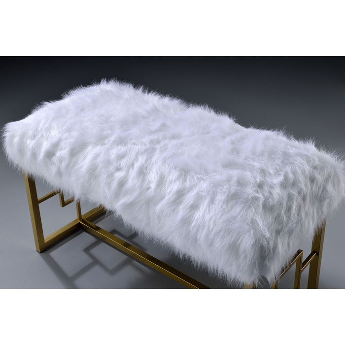 Modern Style Faux Fur Upholstered Bench with Geometrical Side Panels, White and Gold