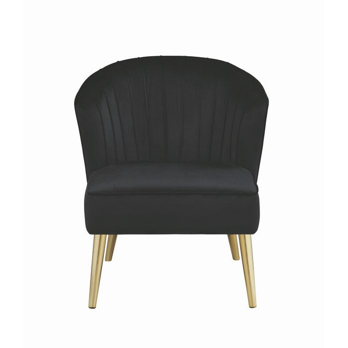 Velvet Upholstered Accent Chair with Channel Tufted Wingback and Metal Legs, Black and Brass