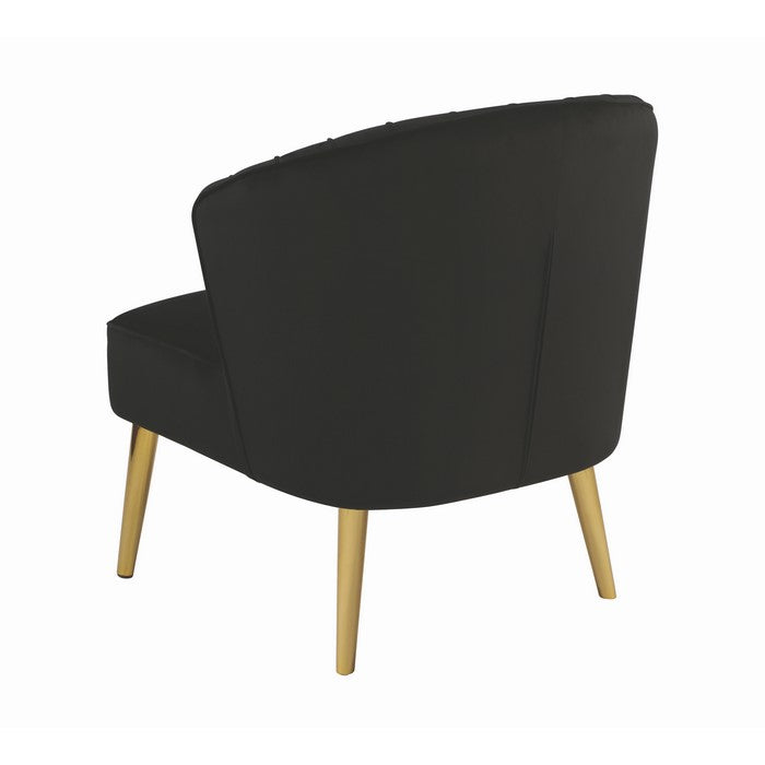 Velvet Upholstered Accent Chair with Channel Tufted Wingback and Metal Legs, Black and Brass