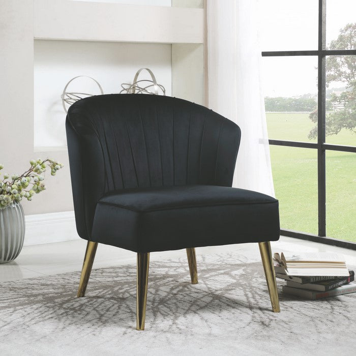 Velvet Upholstered Accent Chair with Channel Tufted Wingback and Metal Legs, Black and Brass