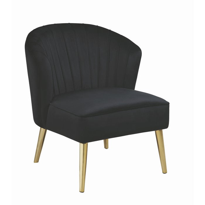 Velvet Upholstered Accent Chair with Channel Tufted Wingback and Metal Legs, Black and Brass