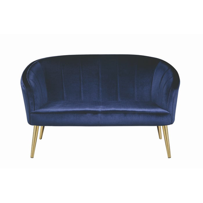 Velvet Upholstered Accent Settee with Channel Tufted back and Metal Legs, Blue and Brass