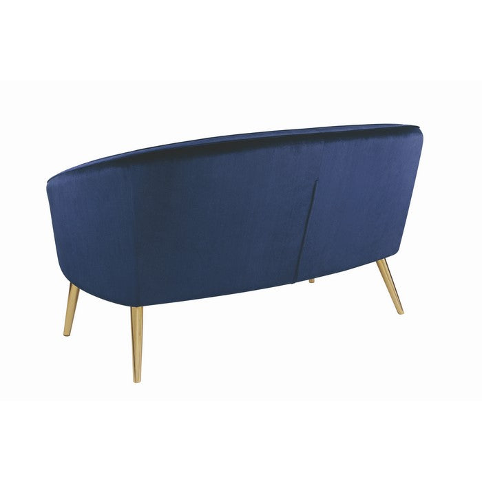 Velvet Upholstered Accent Settee with Channel Tufted back and Metal Legs, Blue and Brass