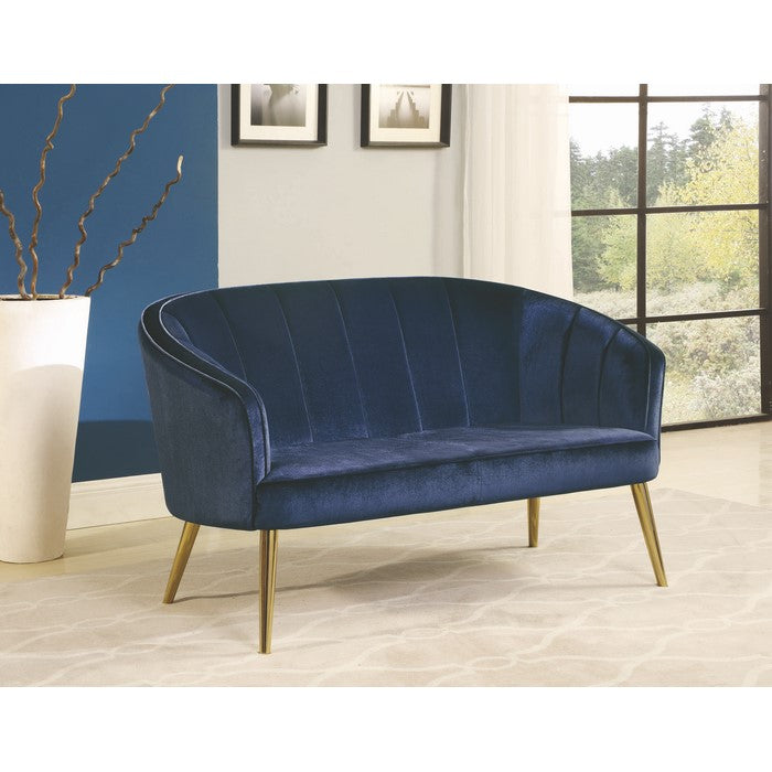 Velvet Upholstered Accent Settee with Channel Tufted back and Metal Legs, Blue and Brass