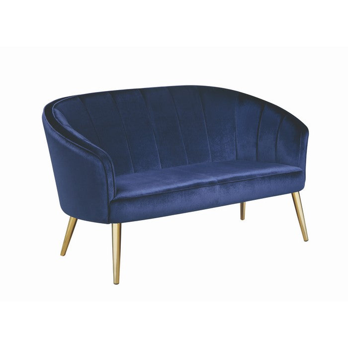 Velvet Upholstered Accent Settee with Channel Tufted back and Metal Legs, Blue and Brass