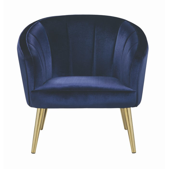 Velvet Upholstered Accent Chair with Channel Tufted back and Metal Legs, Blue and Brass