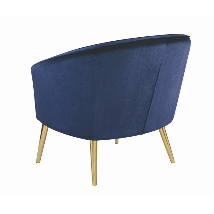 Velvet Upholstered Accent Chair with Channel Tufted back and Metal Legs, Blue and Brass