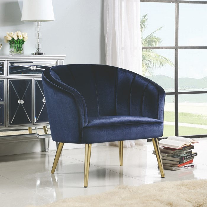 Velvet Upholstered Accent Chair with Channel Tufted back and Metal Legs, Blue and Brass