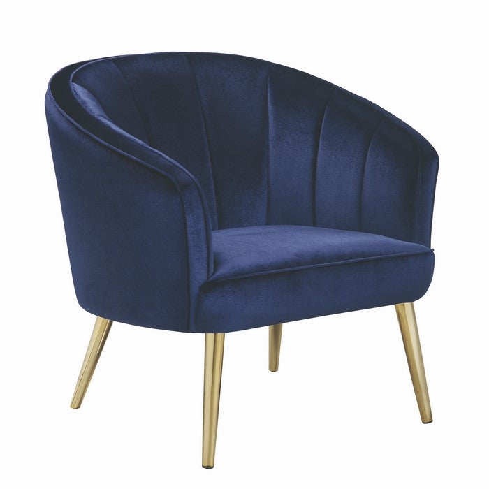 Velvet Upholstered Accent Chair with Channel Tufted back and Metal Legs, Blue and Brass
