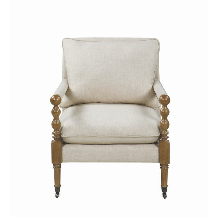 Fabric Upholstered Wooden Accent Chair with Manchette Armrest, Beige and Brown