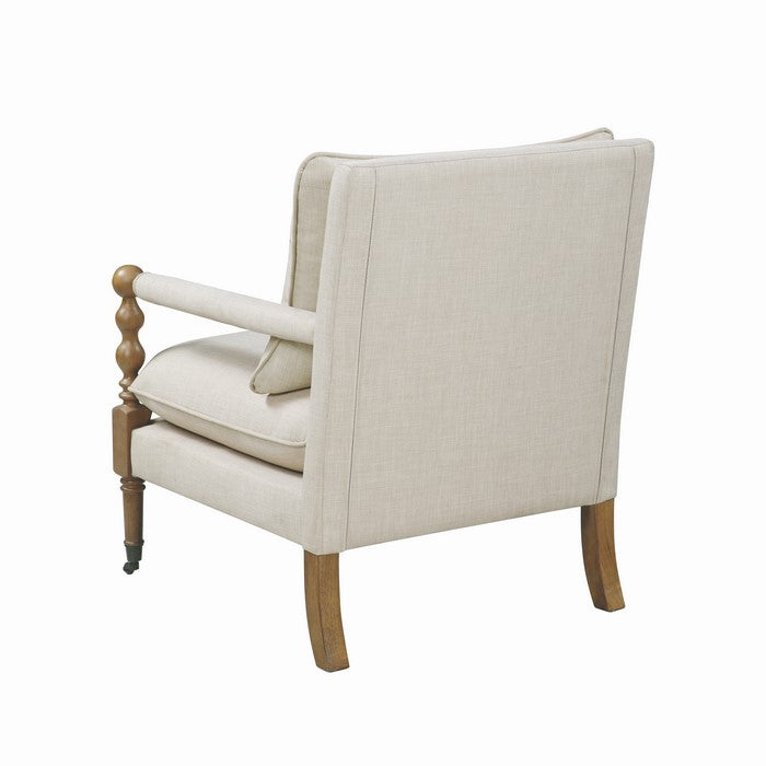 Fabric Upholstered Wooden Accent Chair with Manchette Armrest, Beige and Brown