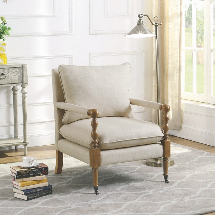 Fabric Upholstered Wooden Accent Chair with Manchette Armrest, Beige and Brown