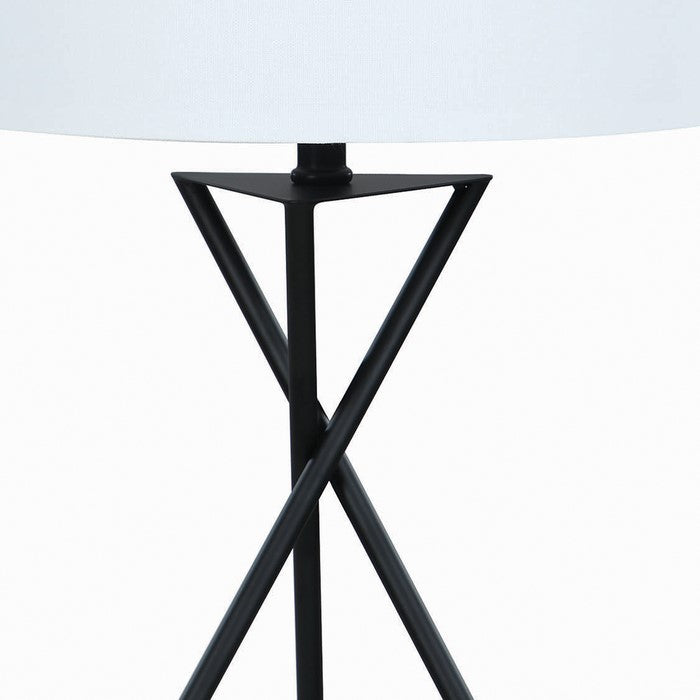 Contemporary Style Metal Table Lamp with Drum Shape Fabric Shade, White and Black