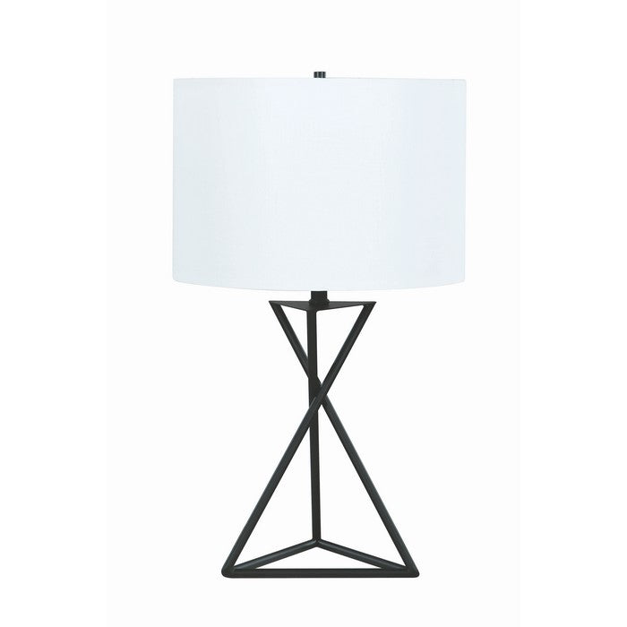 Contemporary Style Metal Table Lamp with Drum Shape Fabric Shade, White and Black