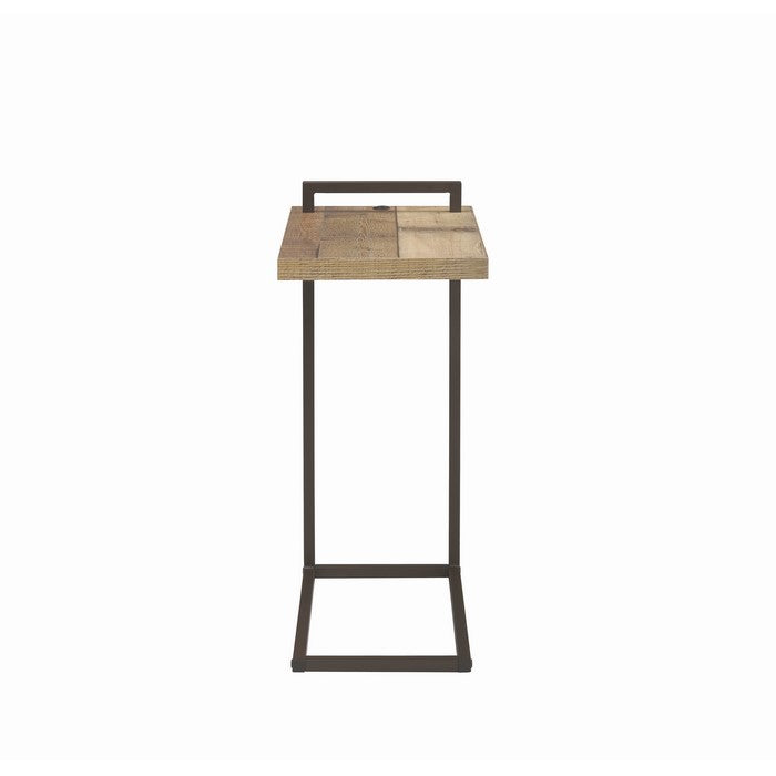 Contemporary Style Metal Accent Table with Wooden Top and USB Port, Brown and Bronze