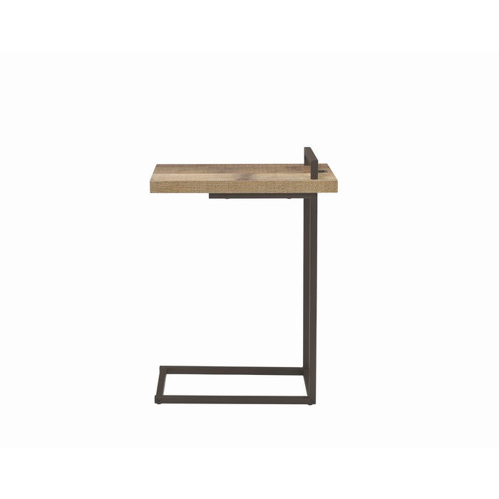 Contemporary Style Metal Accent Table with Wooden Top and USB Port, Brown and Bronze