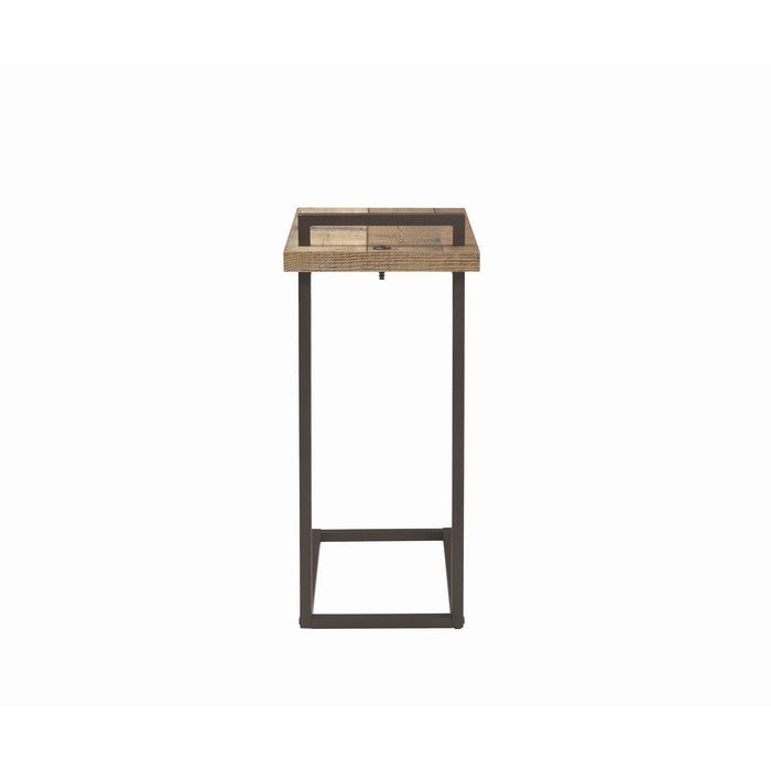 Contemporary Style Metal Accent Table with Wooden Top and USB Port, Brown and Bronze