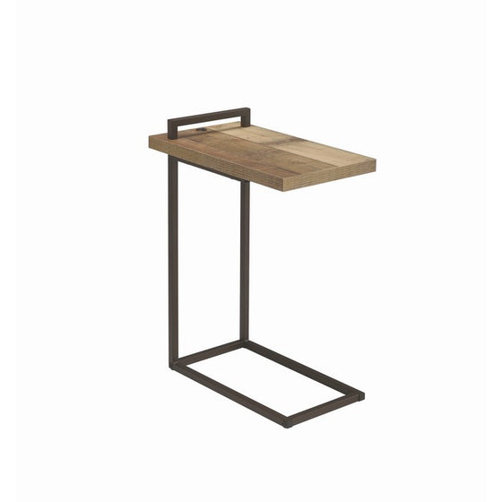 Contemporary Style Metal Accent Table with Wooden Top and USB Port, Brown and Bronze