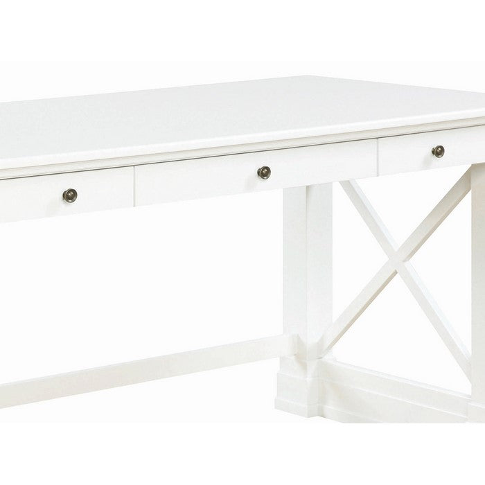 Three Drawer Rectangular Wooden Writing Desk with X shaped Side Panels, White
