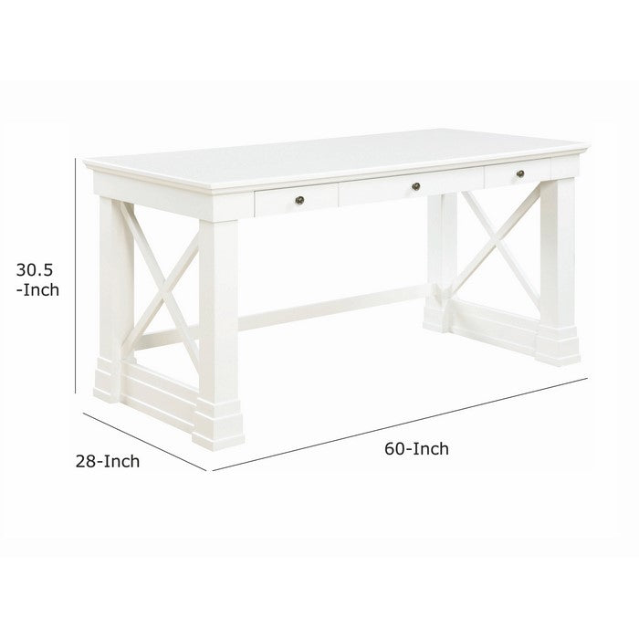 Three Drawer Rectangular Wooden Writing Desk with X shaped Side Panels, White