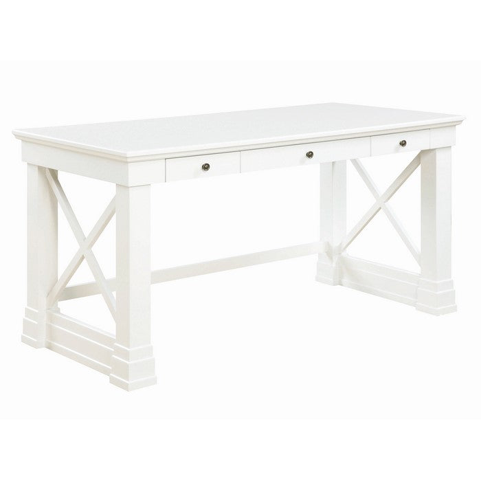 Three Drawer Rectangular Wooden Writing Desk with X shaped Side Panels, White