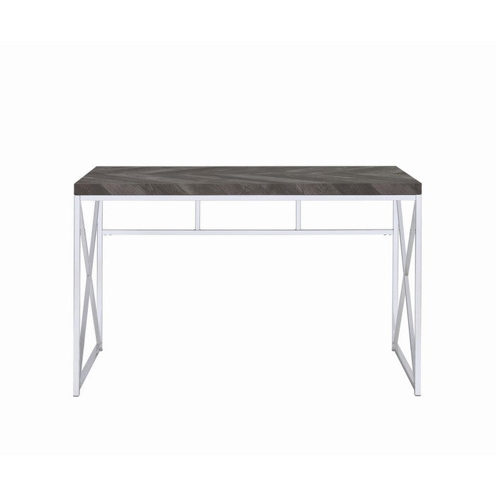 Herringbone Pattern Wooden Writing Desk with Metal Base, Gray and silver