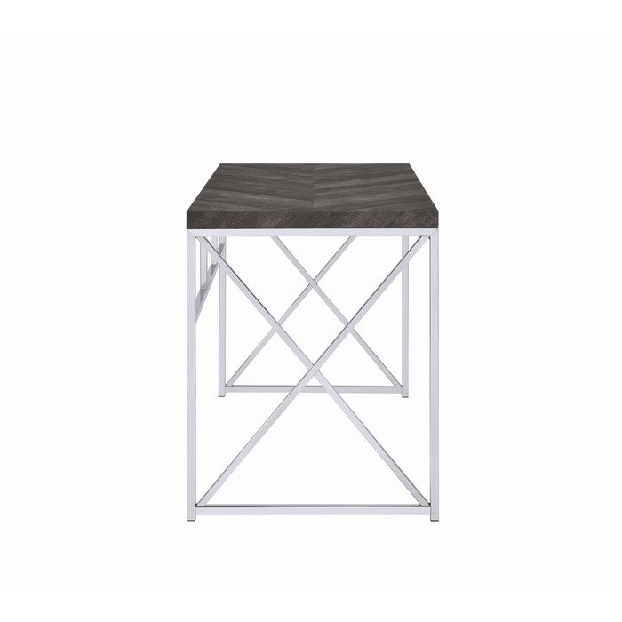 Herringbone Pattern Wooden Writing Desk with Metal Base, Gray and silver