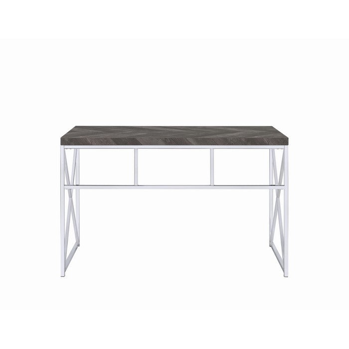 Herringbone Pattern Wooden Writing Desk with Metal Base, Gray and silver
