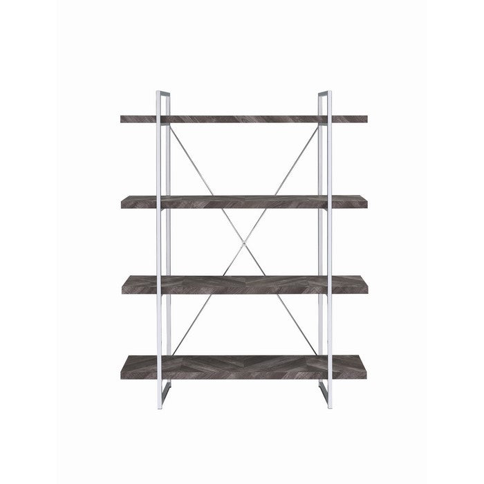 4 Shelve Wood and Metal Bookcase with X shape Back Support, Gray and Silver