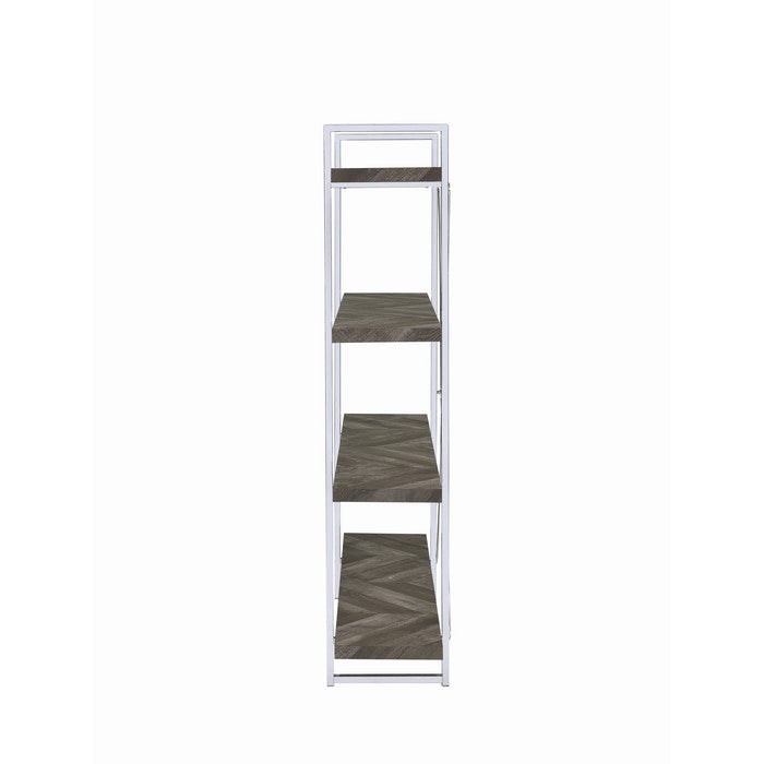 4 Shelve Wood and Metal Bookcase with X shape Back Support, Gray and Silver