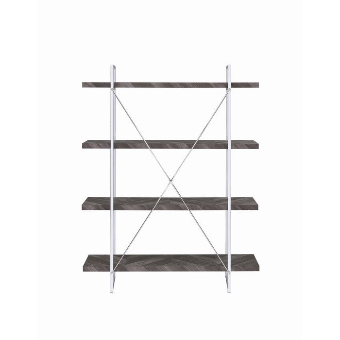 4 Shelve Wood and Metal Bookcase with X shape Back Support, Gray and Silver