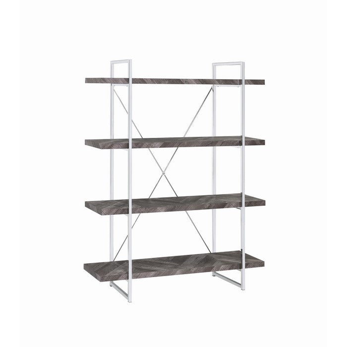 4 Shelve Wood and Metal Bookcase with X shape Back Support, Gray and Silver
