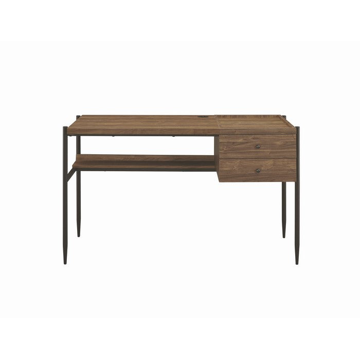 Transitional Style 2 Drawer Wooden Writing Desk with Metal Tapered Legs, Brown and Black