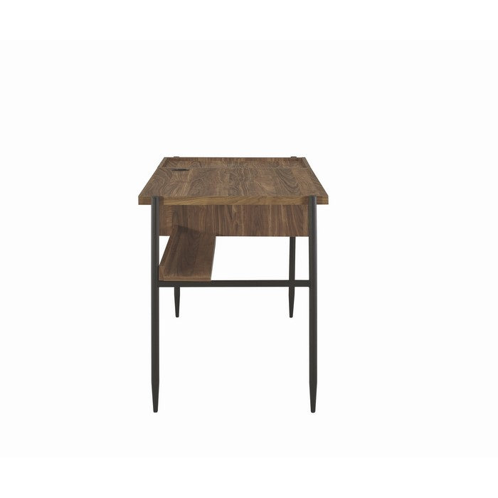Transitional Style 2 Drawer Wooden Writing Desk with Metal Tapered Legs, Brown and Black