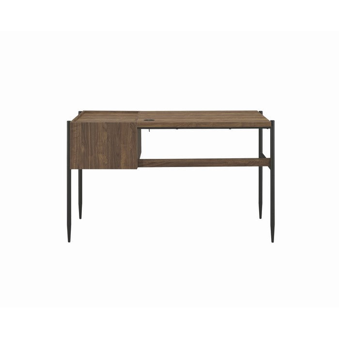 Transitional Style 2 Drawer Wooden Writing Desk with Metal Tapered Legs, Brown and Black