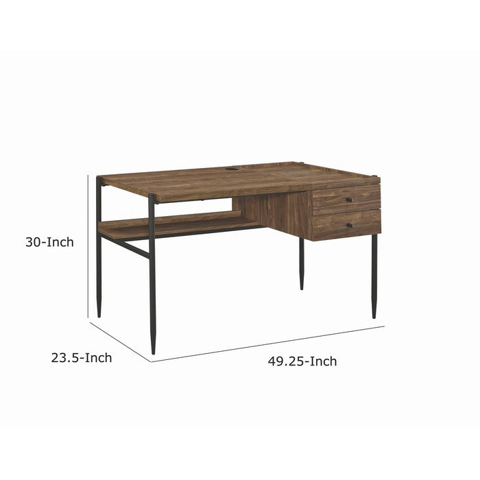 Transitional Style 2 Drawer Wooden Writing Desk with Metal Tapered Legs, Brown and Black