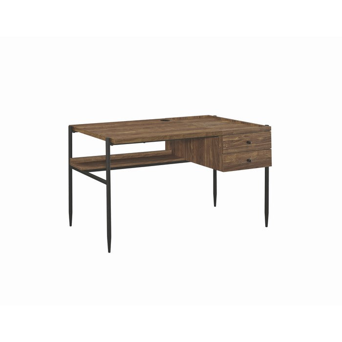 Transitional Style 2 Drawer Wooden Writing Desk with Metal Tapered Legs, Brown and Black