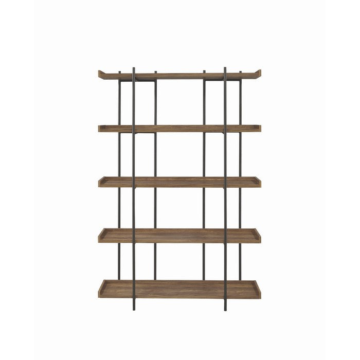 5 Tier Metal Framed Bookcase with Wooden Storage Shelves, Large, Brown and Black