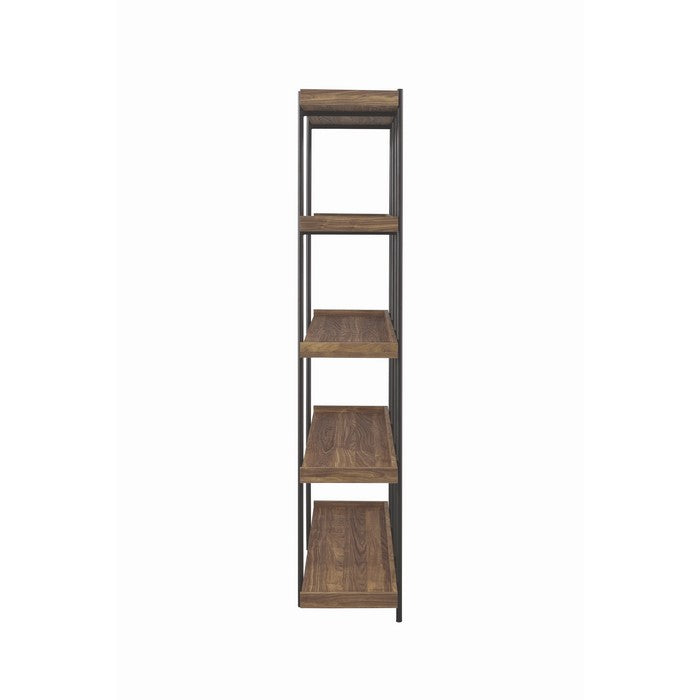 5 Tier Metal Framed Bookcase with Wooden Storage Shelves, Large, Brown and Black