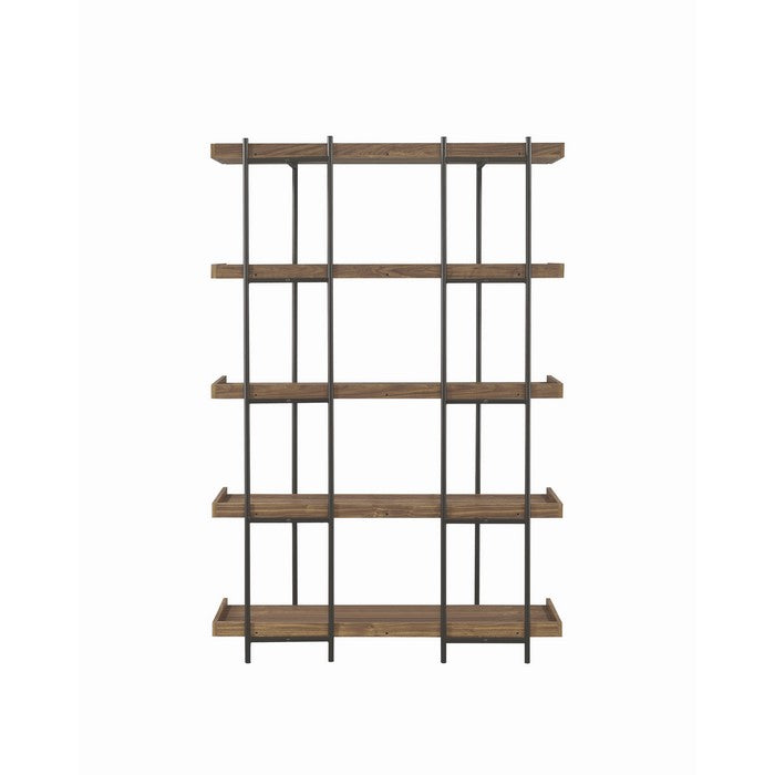 5 Tier Metal Framed Bookcase with Wooden Storage Shelves, Large, Brown and Black