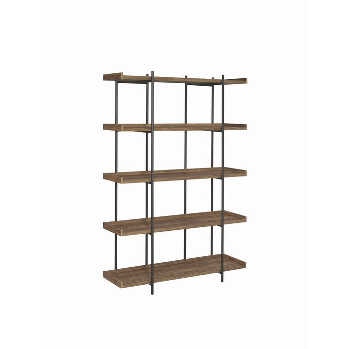 5 Tier Metal Framed Bookcase with Wooden Storage Shelves, Large, Brown and Black